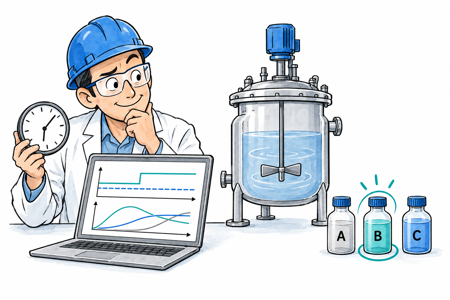 A process engineer examines the three reactor products A, B, and C.